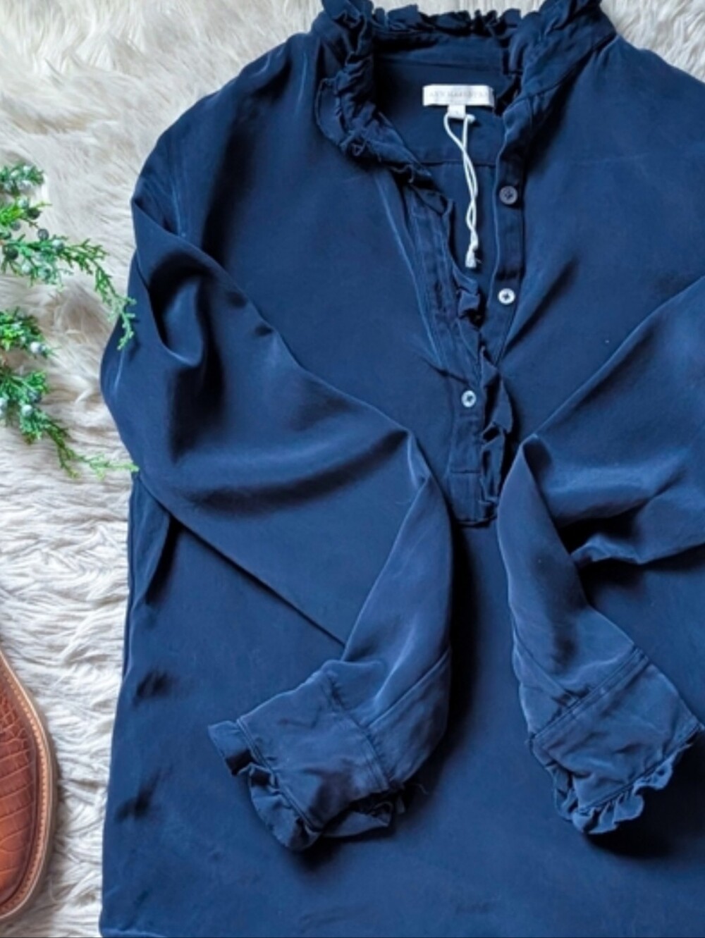 Ann Mashburn Frill Blouse in Navy Silk